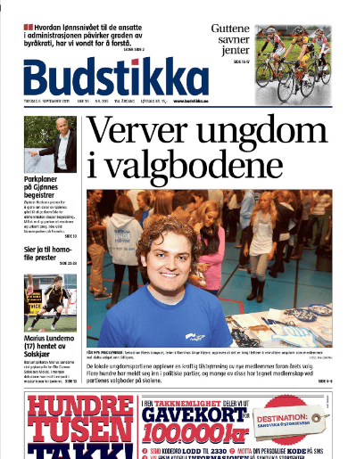 Budstikka-forside fra lokalvalgkampen i 2011 med Sebastian i Unge Høyres valgkampbod